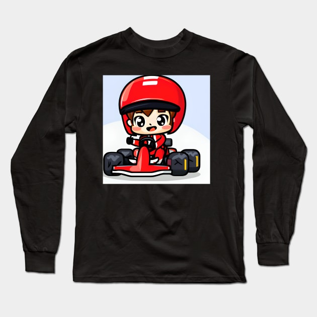 A Go-kart with a Boy in Red Racing Overalls in Kawaii Chibi style Long Sleeve T-Shirt by Elmsleigh Designs